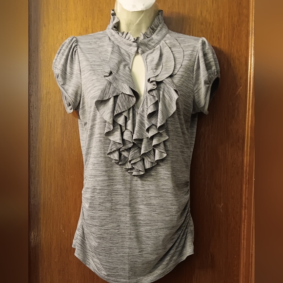 HEART SOUL Top Juniors Gray Ruffles Keyhole Ruched Puff Sleeve Y2K MEDIUM - Picture 1 of 7